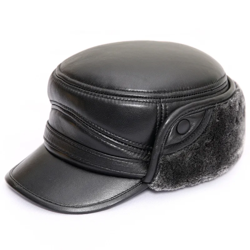 

100% Genuine Leather New earmuffs sheep skin leather hat duck tongue middle-aged and man winter winter cap flat leather hat