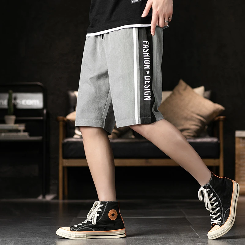 Мужские повседневные шорты с эластичной талией серые летние принтом лоскутные