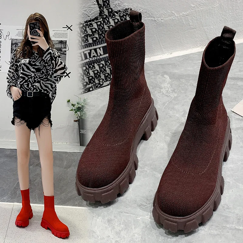 

Large Size 35-43 Autumn Winter Stretch Fabrics Socks Shoes Women Thick-soled Casual Net Red Knitted Short Platform Ankle Boots