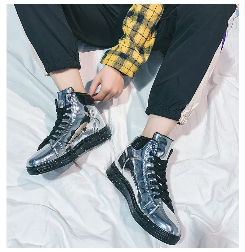 Sooneeya High Top Patent Leather Casual Shoes Men Glitter Luxury Boots Male Driving Shoes Brand Designer Bling Leather Shoes