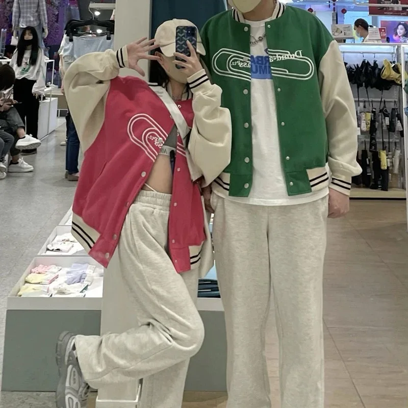 

Women's Letter Embroidery Baseball Jacket Color Block Vintage Harajuku Jacket 2021 Spring Oversized V-Neck Coats Streetwear ins