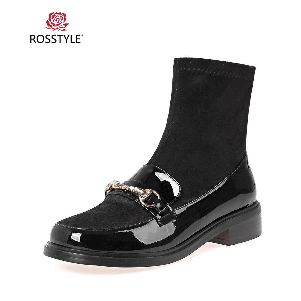 

ROSSTYLE Luxury Woman Winter Ankle Boots Handmade Genuine Leather Stretch Fabric Round Toe Low Heel Shoes Solid Black Soft Boots