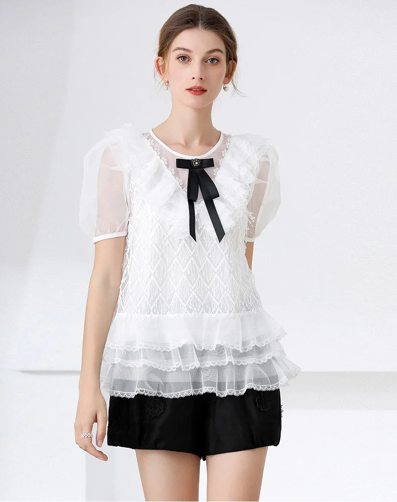 2021 Summer Fashion Lace Tops High Quality Women Sexy Tulle Mesh Patchwork Bow Deco Short Sleeve Casual White Black Tops Blouse