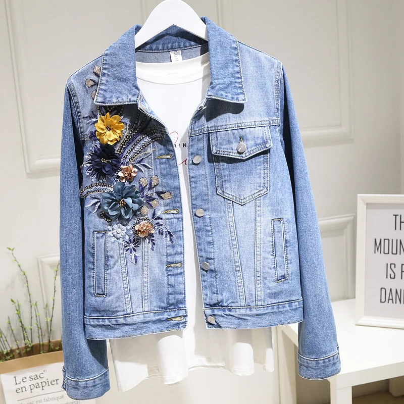 Vintage Embroidered Flower Denim Jacket Womens Autumn Outerwear 2021 New Korean Loose Single-Breasted Jeans Jacket Women Tops