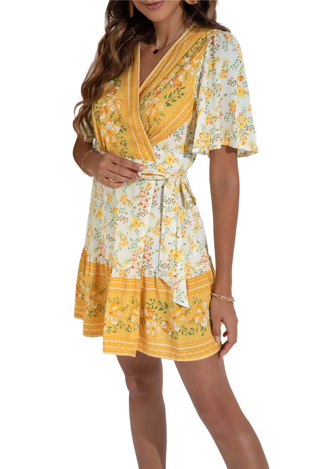 

2021 Summer New Product V-Neck One-Piece Floral Bohemian Ruffled Dress Women Fashion Splice Print Short Sleeve Mini Sashes Dress