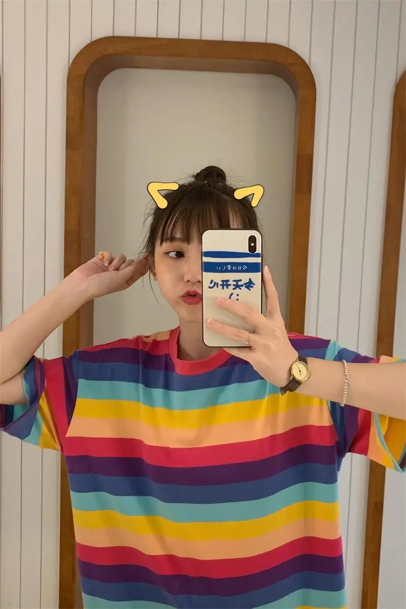Женские рубашки Корея Harajuku Kawaii Женская Винтажная летняя футболка с коротким