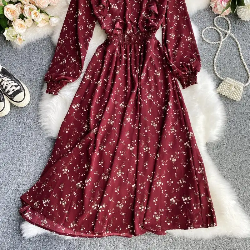 

Autumn 2020 Pink/Yellow/Beige Floral Dress Female Elegant Bow Collar High Waist Printed Chiffon Dresses Women Fall Vestidos New