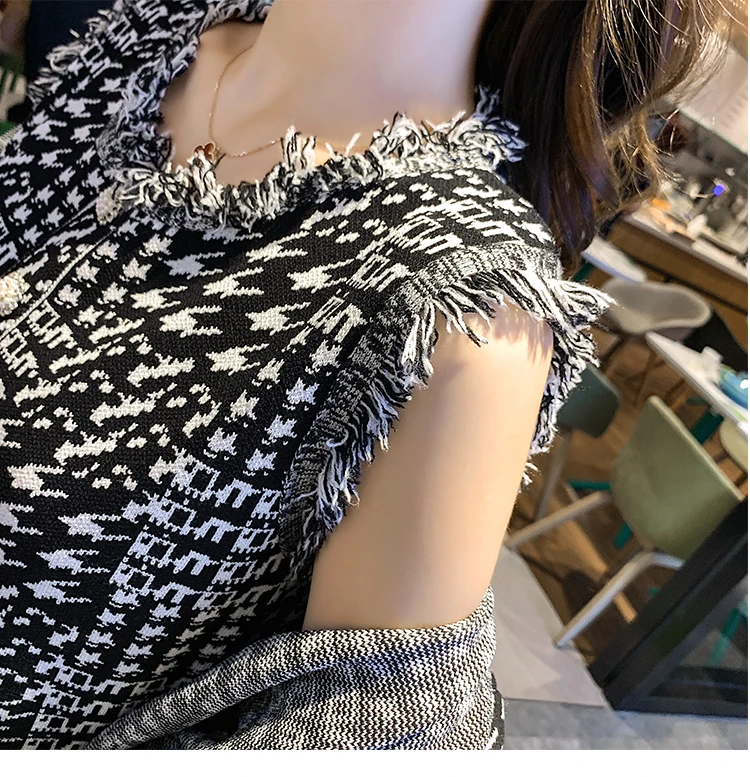 

Korean Knitted 2 Piece Dress Set 2020 Autumn Winter Houndstooth Short Cardigan Pullover Dress Elegant Vintage Dress Set Clothes