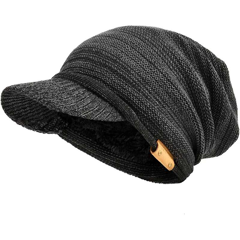 

Unisex warm winter hat fashion add fur lining soft beanie hat with brim thick winter knitted hat for men and women