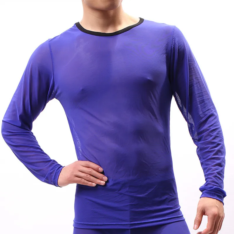 Mens underwear transparent gauze long sleeve T-shirt men's sexy tights undershirt tops tank | Мужская одежда