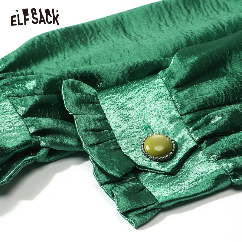 ELFSACK Зеленые атласные винтажные женские костюмы, Осенние новые повседневные офисные женские комплекты уличная мода Корейская Свободная Женская одежда