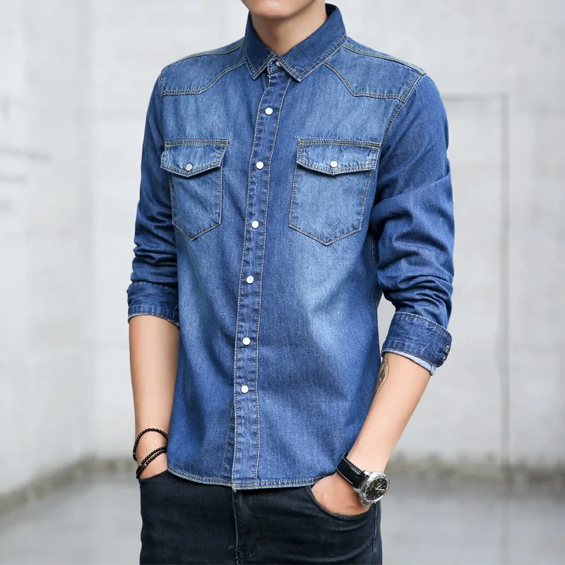 Осенняя джинсовая рубашка с длинным рукавом Мужская вымытая приталенная
