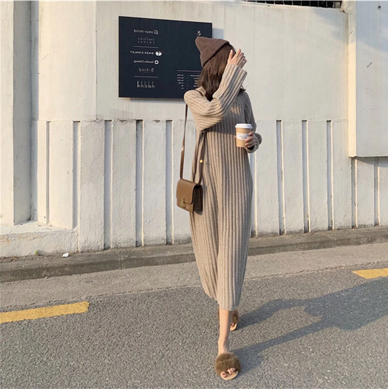 Платье свитер женское с длинным рукавом и круглым вырезом|Женские платья| |