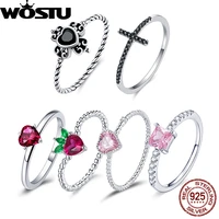 wostu 925 sterling silver cross love heart band rings for women s925 black rose red pink cz jewelry wedding accessories gift