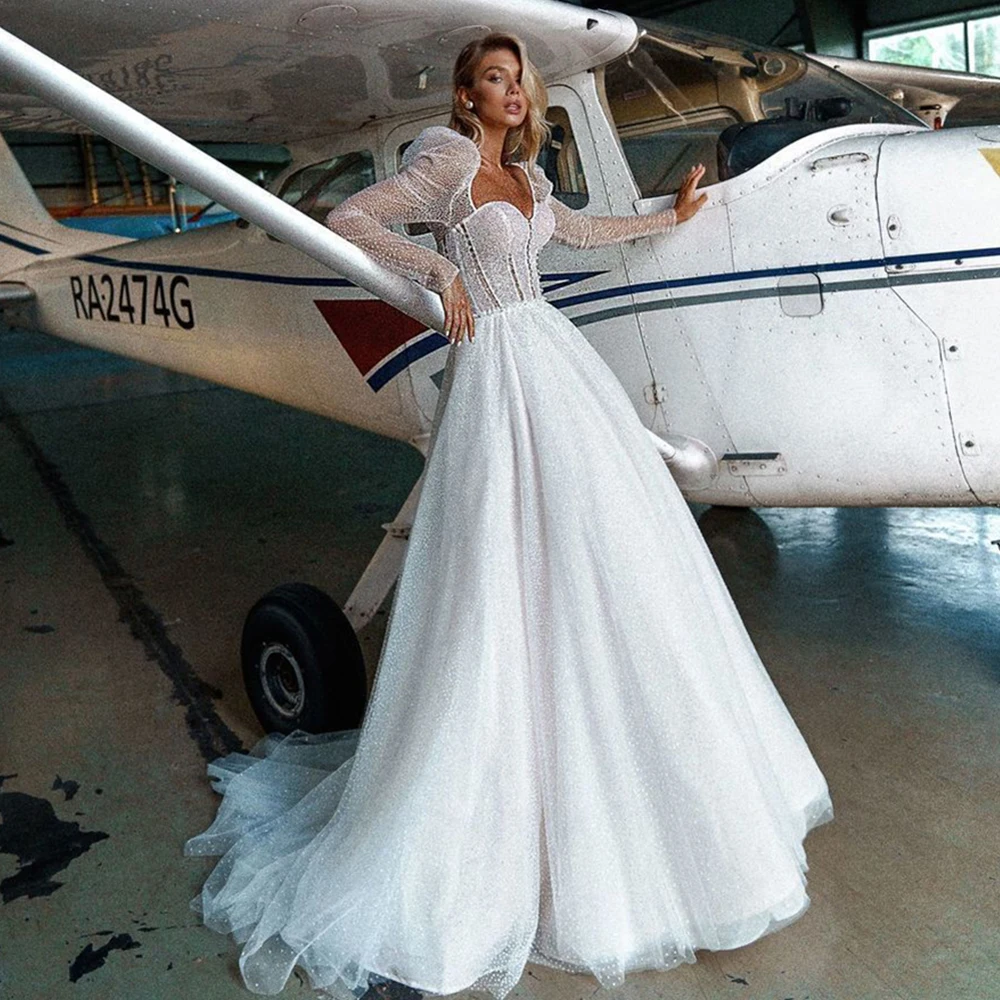 

Eightree Trouwjurk Glitter Courte Long Sleeve Wedding Dresses Open Back Custom Made Bride Dress 2021 Wedding Gowns A Line