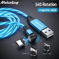 melonboy 540 rotation charging cable glowing magnetic usb cable type c micro mobile phone cable for iphone 12 cord xiaomi 10