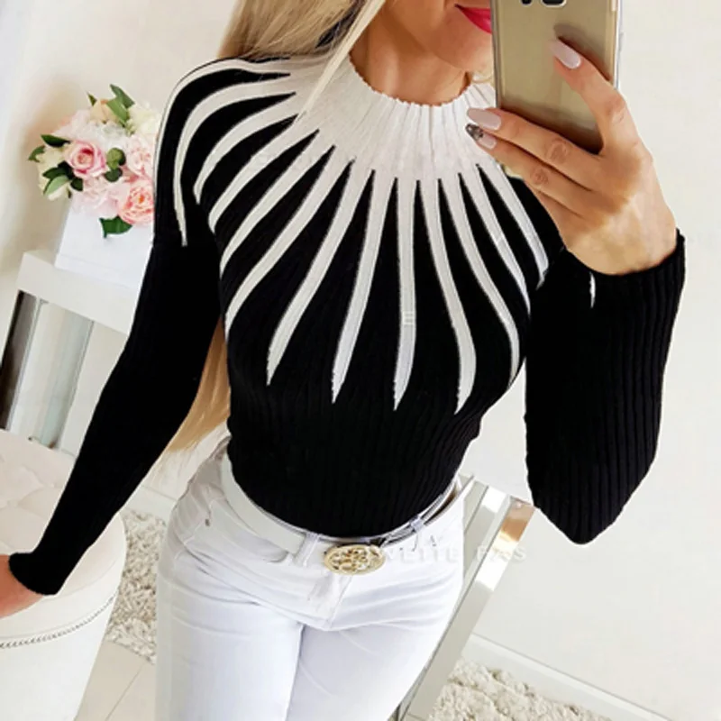 

Elegant High Collar Rib Knitwear Sweater Women Spring Commute Lady Long Sleeve Tops Pullover Office Casual Warm Jumper All-match