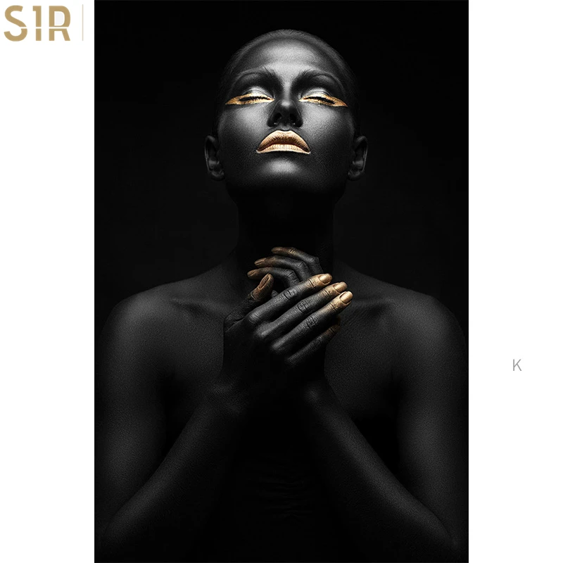 

Black Nude African Woman with Golden Finger and Lips Canvas Painting on The Wall Makeup Woman Wall Art Pictures for Home Decor