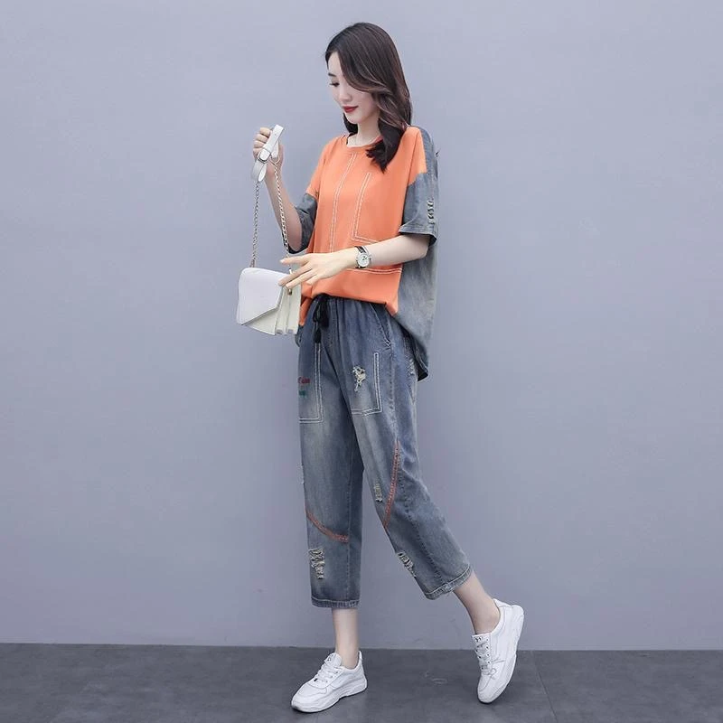 

Blue Denim Suit 2020 New Summer Two-piece Suit For Women Casual Topand Jeans Temperament Slim Reducing Stitching 2 Piece Suit