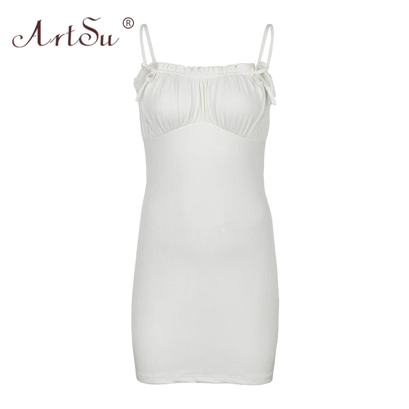 Женское мини-платье с бантом ArtSu Белое Облегающее платье рюшами и открытой спиной