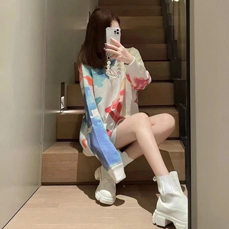 

Watercolor Graffiti Fairy Sweater Women's Loose Long Thin Tie-dye Sweater Autumn Long-sleeved Pullover