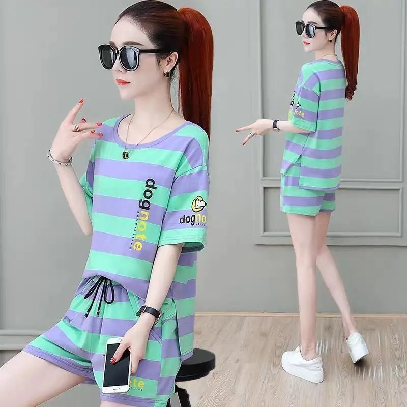 

Striped sports suit girls' summer new loose and thin short sleeve shorts two piece set