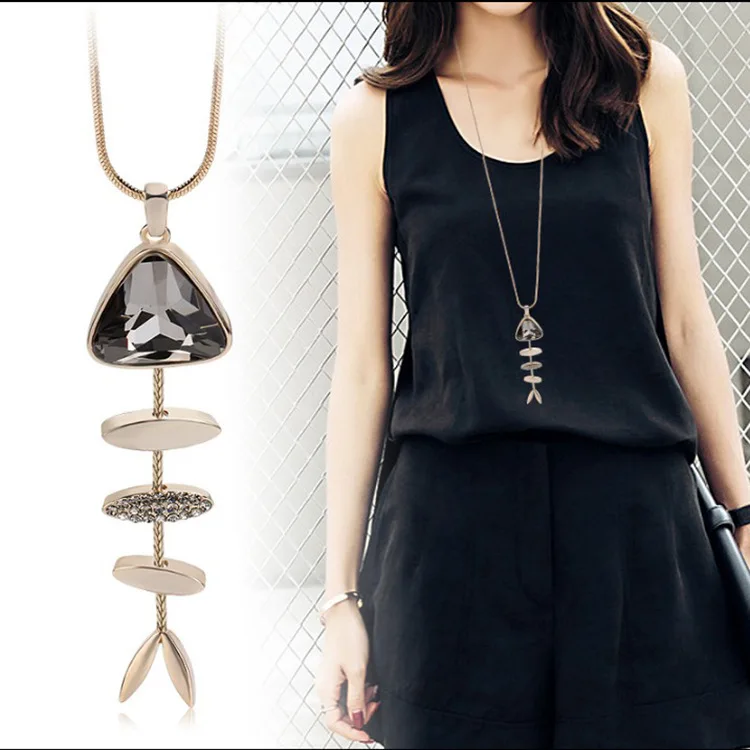 

Korean Crystal Temperament Sweater Chain Long Fashion Fishbone Necklace Women Clothes Accessories Pendant Jewelry