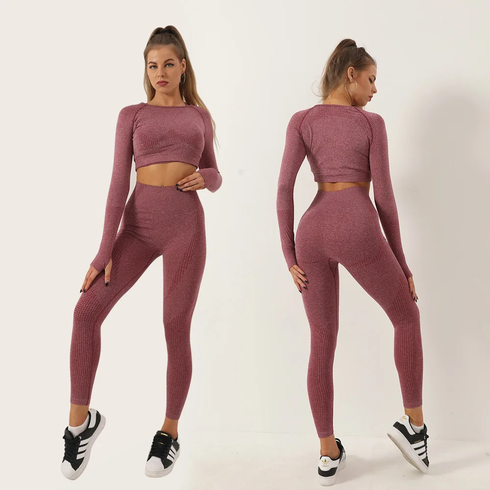 

2021New Vital Women Seamless Yoga Set Fitness Sports Suits GYM Cloth Long Sleeve Shirts High Waist Running Leggings Workout Pant