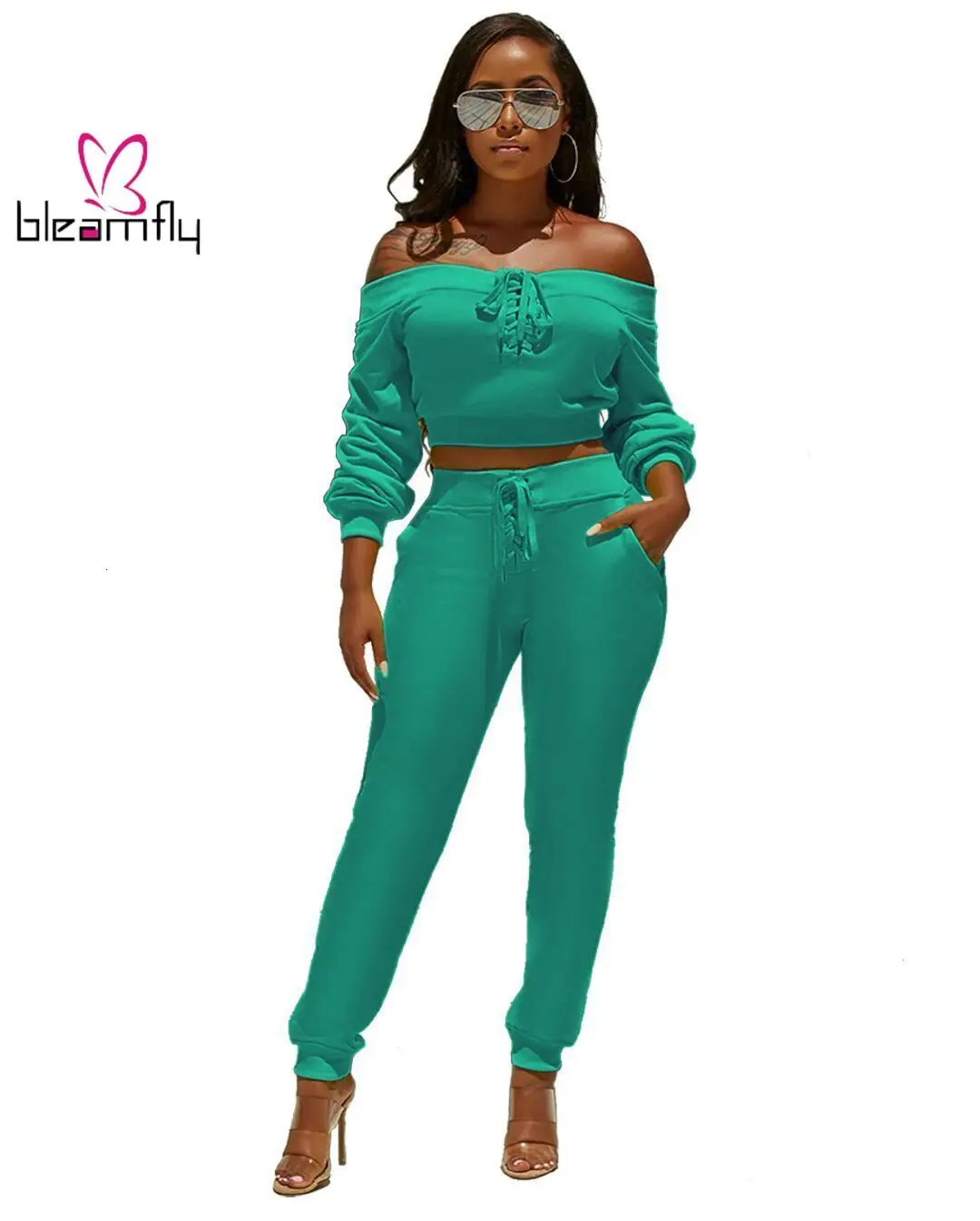 2019 женский осенний костюм на шнуровке с открытыми плечами и вырезом лодочкой топ