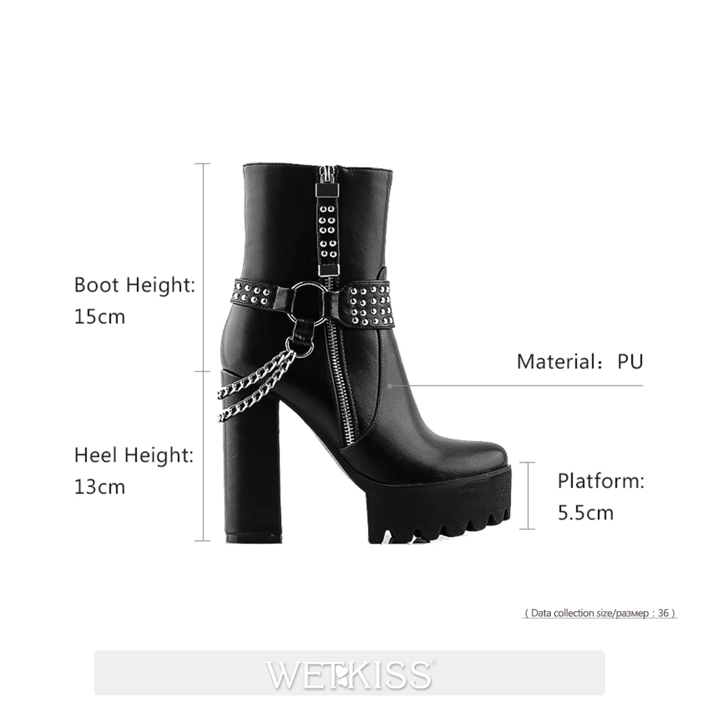 

WETKISS Women Ankle Boots Round Toe Thick High Heel Platform Metal Chain Rivet Non Slip Zip Short Bootie Winter Boots 2020