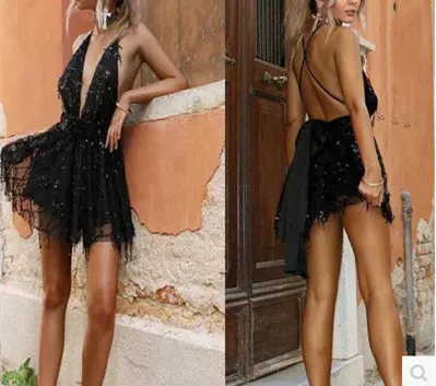 

Sequin Backless Bandage Summer Dress Bodycon Women Sexy Nightclub Party Mini Dress Black Bandage Deep V Neck Dresses Vestidos