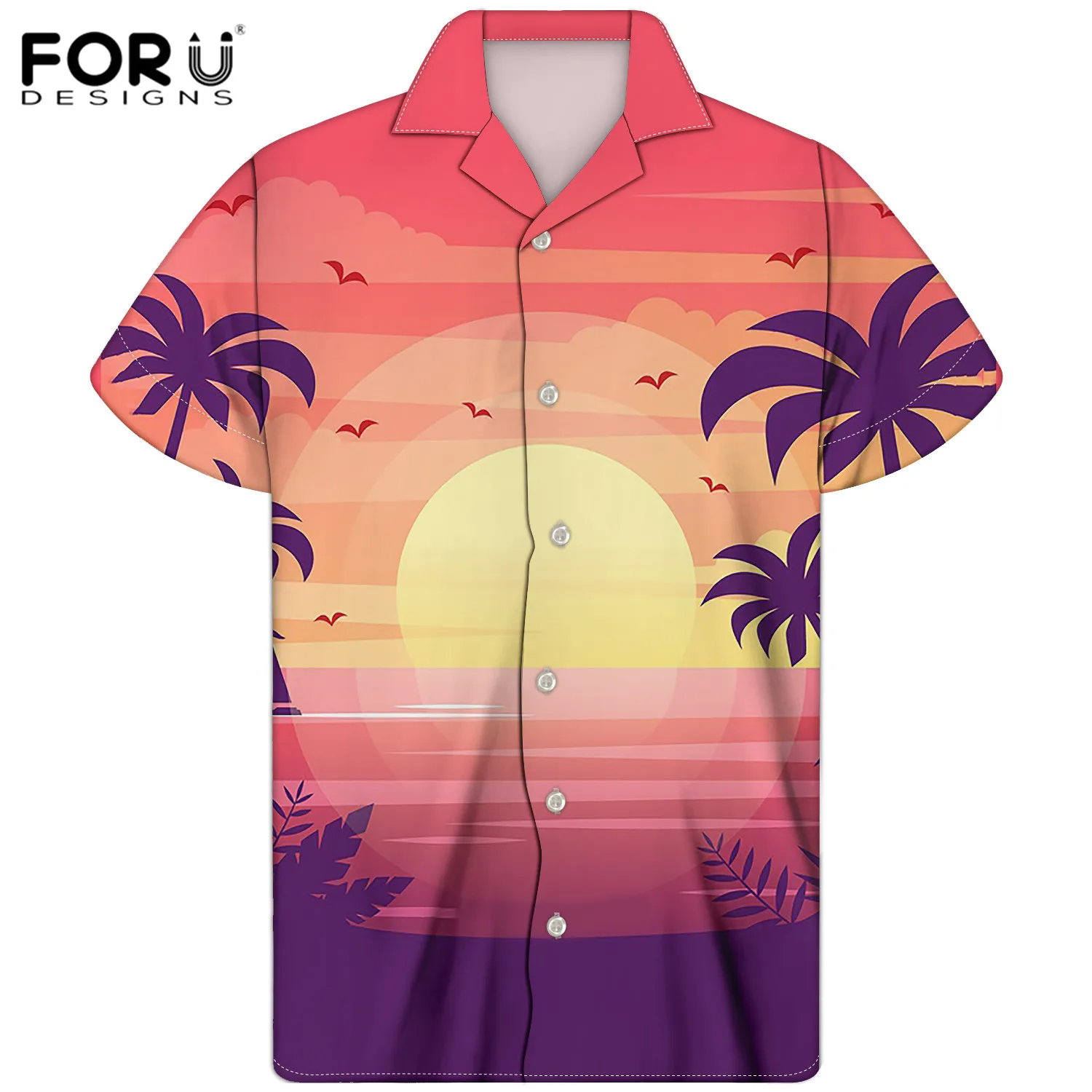 

FORUDESIGNS Summer Hawaiian Tropical Palm Prints Sunset Style Male Button Down Very Loud Shorts Shirts Couple Soft Clothing