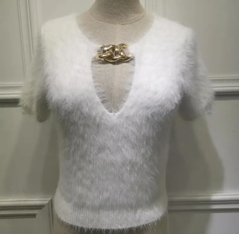 

Mohair Chain women sweater V-neck short sleeve slim lady sweater pullover tops autumn winter