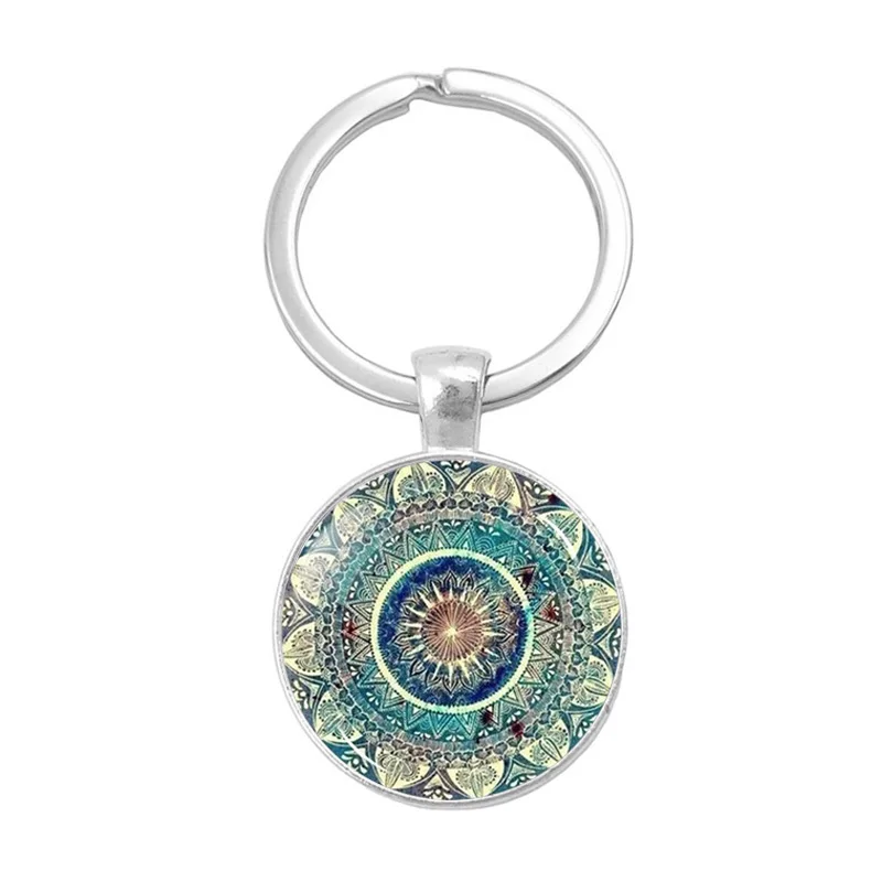 Silver Keychain Горячая Распродажа, очаровательные серьги с рисунком мандалы, хна, Кристальные серьги, символ йоги Ом дзен, буддизм, стеклянные серьги для женщин, ювелирные изделия - Окраска металла: Silver Keychain