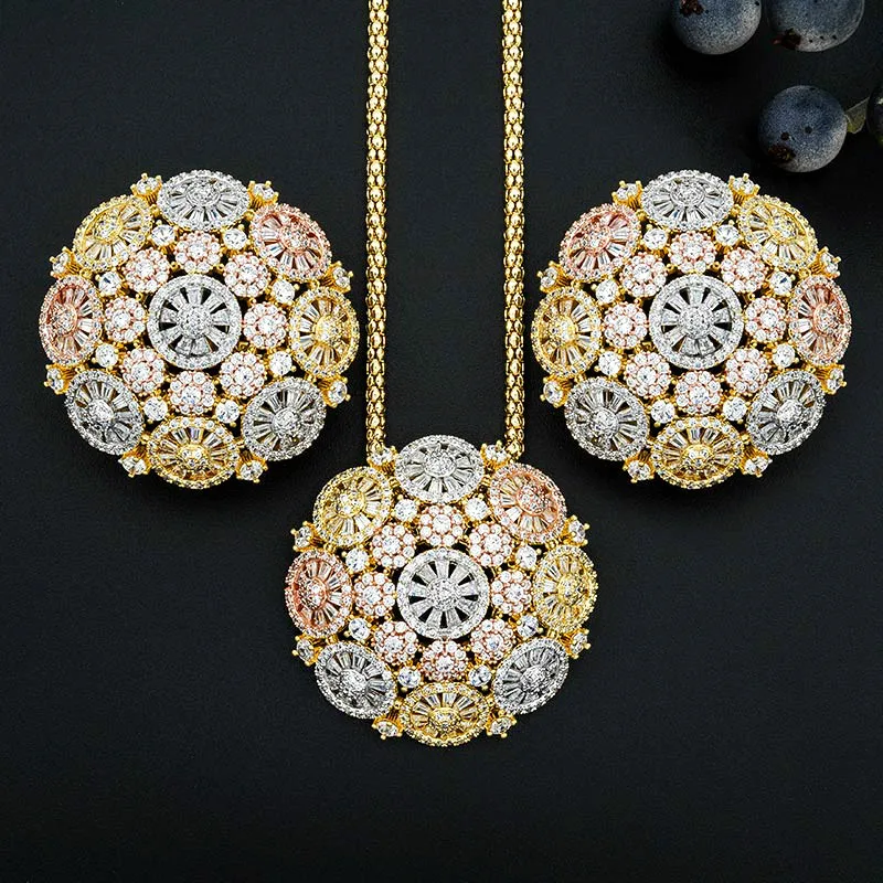 ModemAngel роскошные круглые Нежные цветы блестящие AAA кубический цирконий Свадебные 3 тона женские кисточки ожерелье серьги модные украшения