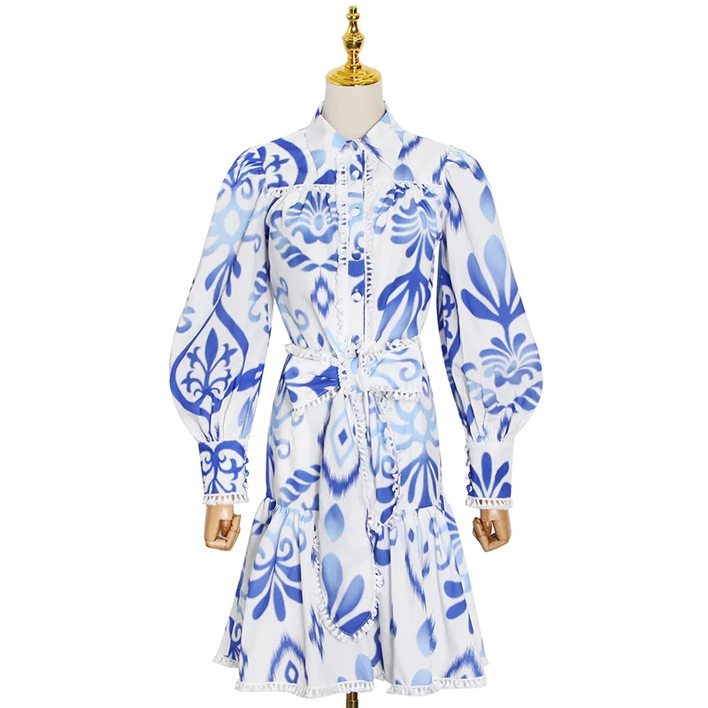 

Tide brand tassel strap printed shirt high waist printed A skirt Outfits female tide 83342