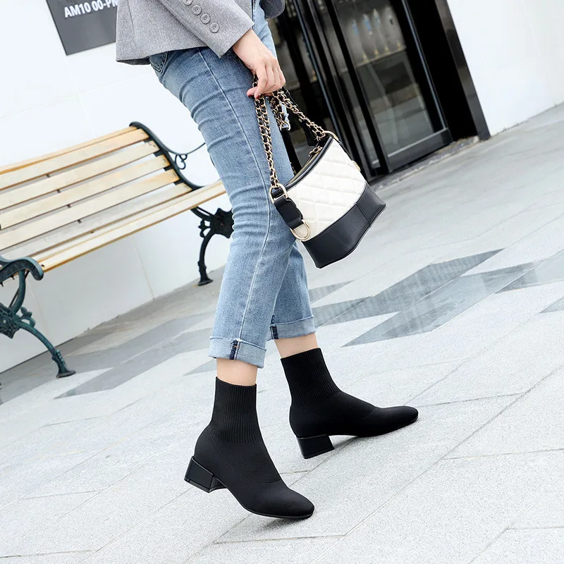 2019 г. эластичные ботильоны женская обувь эластичная ткань на квадратном каблуке