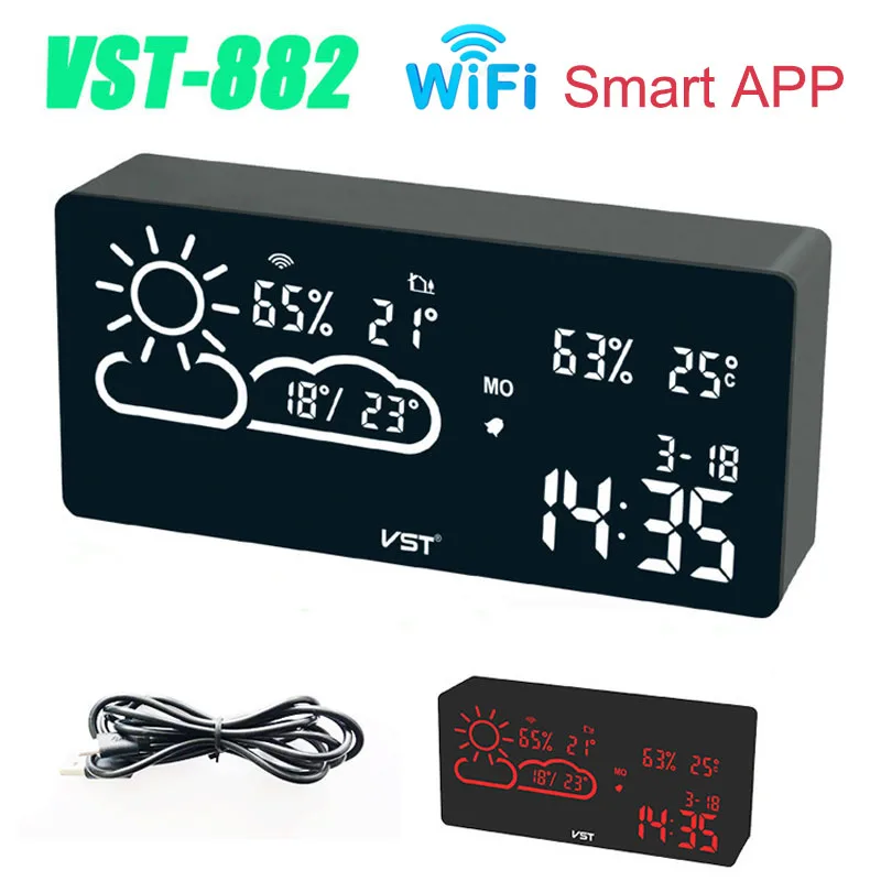 

New WiFi Network Alarm Clock Weather Station Temperature Backlight Table Clock Living Room Office Bedroom Desk Clock Smart APP