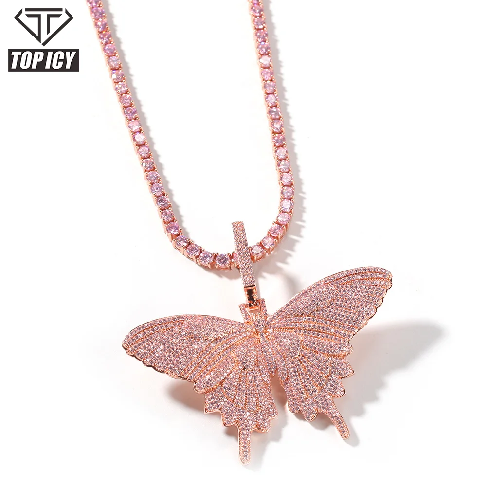 

Zircon Crystal Ice Pink Butterfly Charm Pendant Necklace Iced out Rose gold pink cute luxury butterfly with cuban chain necklace