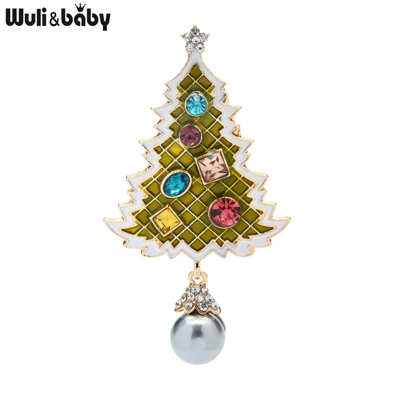 Wuli&baby Pearl Christmas Tree Brooches For Women Unisex Rhinestone Multicolor Tree New Year Brooch Pin Gifts