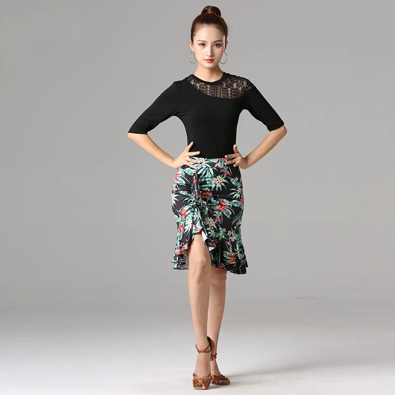 

H2622 Latin Dance Top Skirt Suit Female Adult Middle Sleeve Clothes Ballroom Dance Professional Performance Competition Costumes