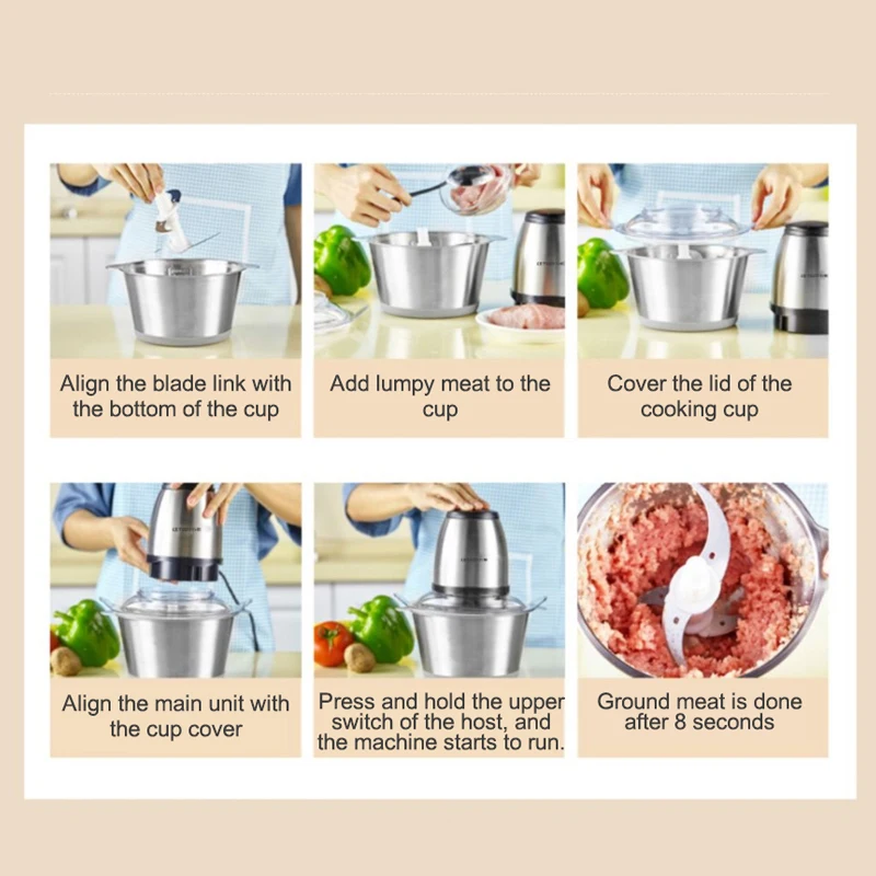 

Household Chopper Meat Grinder 2L Electric Stainless Steel Capacity High Quality Chopper Pepper Garlic Crusher Equipment 200W