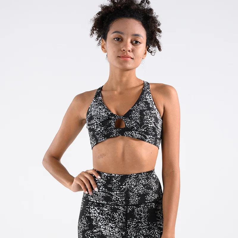 

CHREIFIT Autumn New Printing Yoga Set Women Sexy Cross Hollow Sports Fitness Bra+ High Waist Running Leggings 2 Pcs Sports Suits