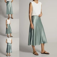 women silky satin high waist a line midi long skirt simple solid color mint green flared hem loose office streetwear