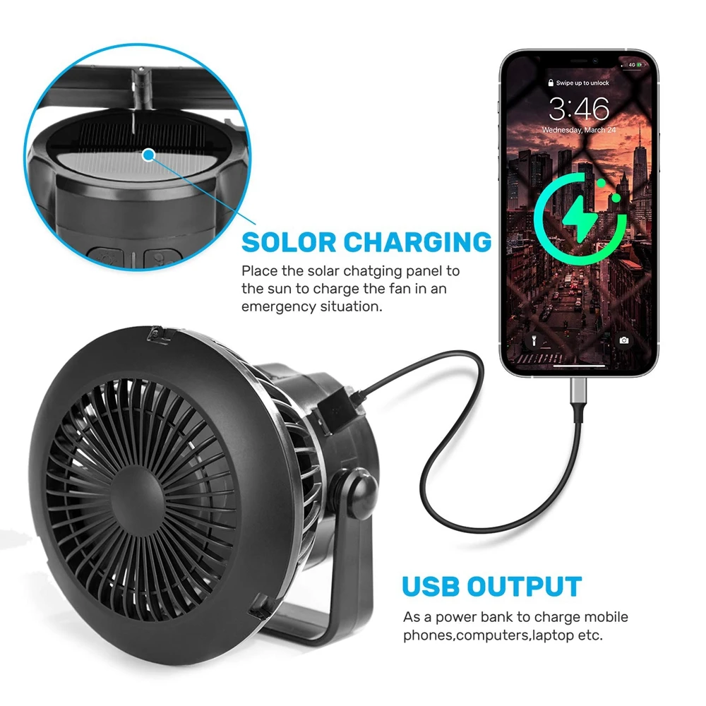 

Solar Camping Fan 5000mAh USB Rechargeable 4 Speeds With LED Light Camping Tent Fan For Beach Hiking Home Office Car