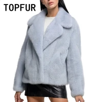 topfur light blue imported mink coat women lapel long sleeve outertwear winter simple casual tops real mink fur jacket female