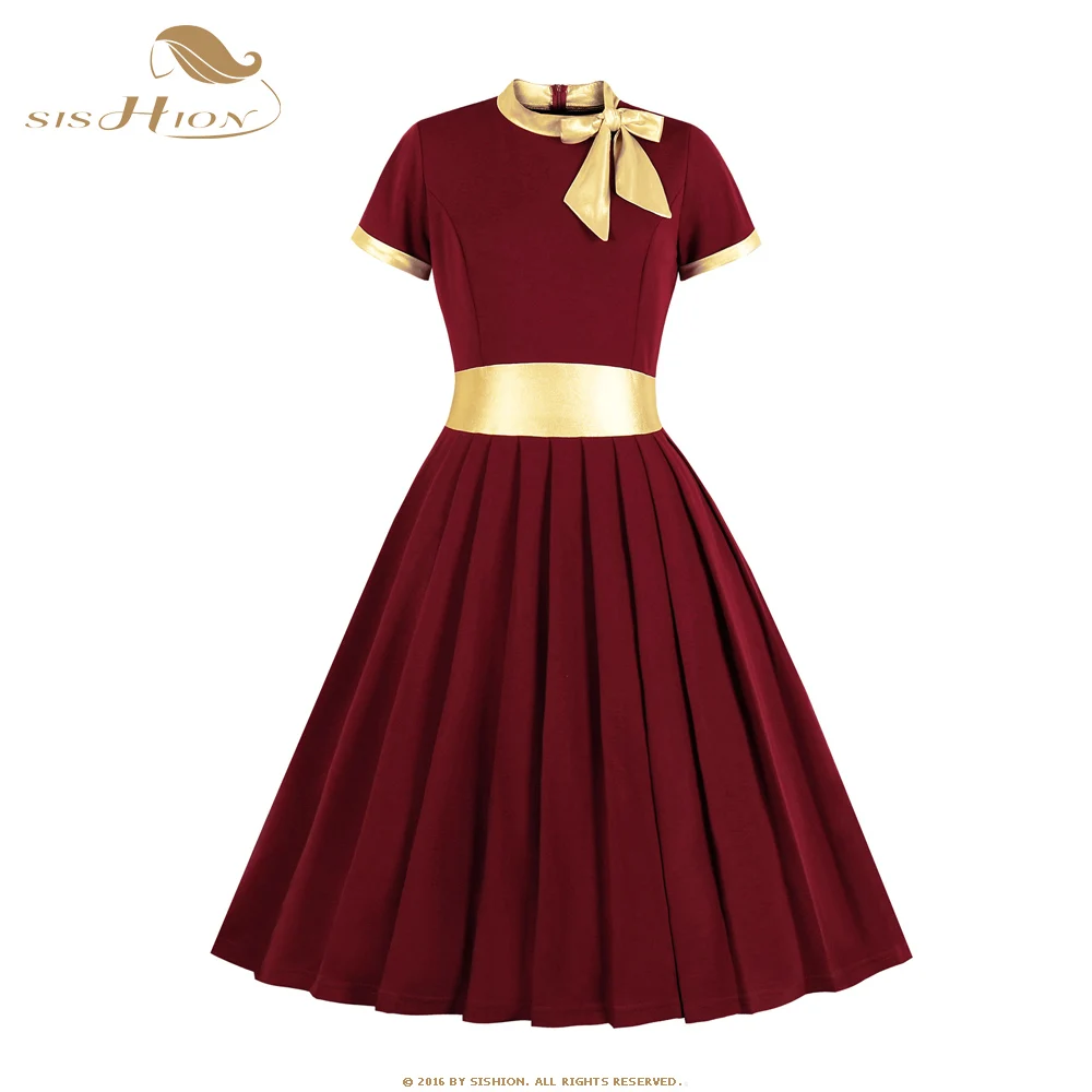 SISHION Elegant Short Sleeve Dresses Robe Party Rockabilly Casual Retro Dress 60 50s s Vintage Women Clothing SP0370 - Цвет: Wine red