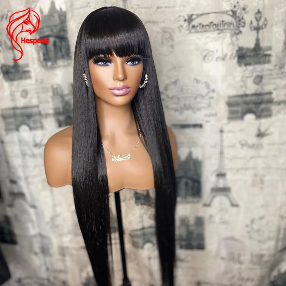 Murah Hespermis Rambut Manusia Lurus Sutra Wig Dengan Bang Brazilian Remy Kulit Kepala Atas Penuh Mesin Dibuat Wig Untuk Wanita Kulit Hitam