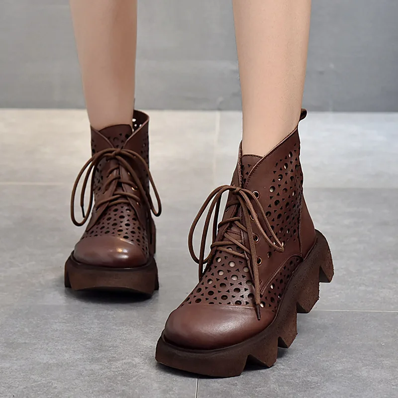 

YourSeason Ladies Genuine Leather Summer 2021 Lace Up Sandals Vintage Casual Handmade Concise Hollow Casual Women Shoes