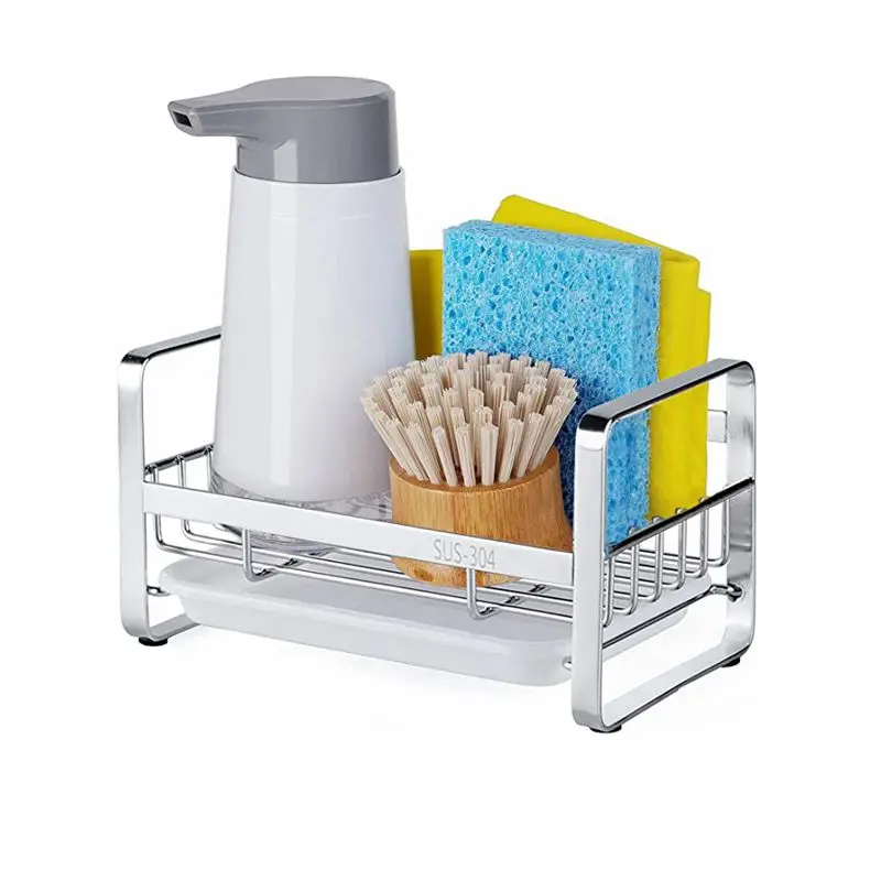 

Kitchen Sponge Holder Stainless Steel Kitchen Soap Dispenser Caddy Organizer Countertop Rack Drainer with Removable Drain Tray